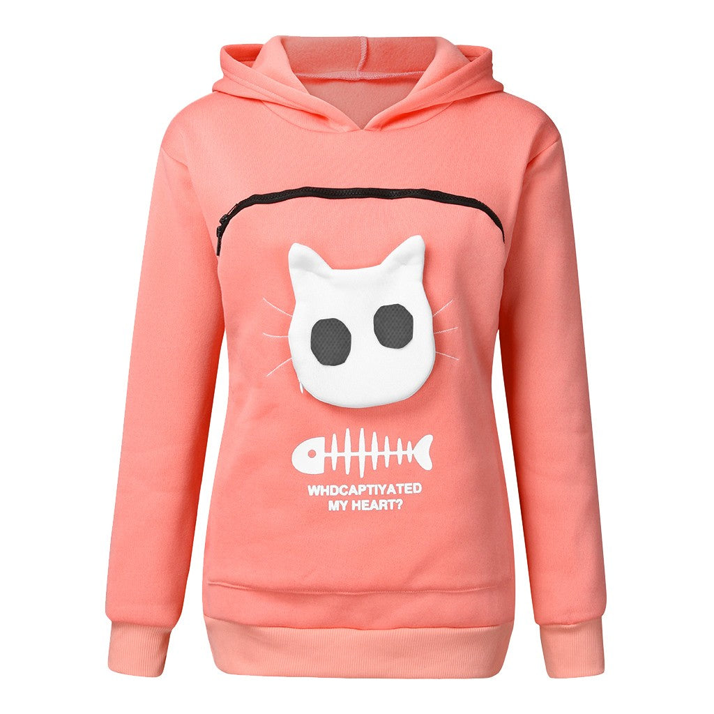 Women Hoodie Sweatshirt With Cat Pet Pocket Design Long Sleeve Sweater Cat Outfit